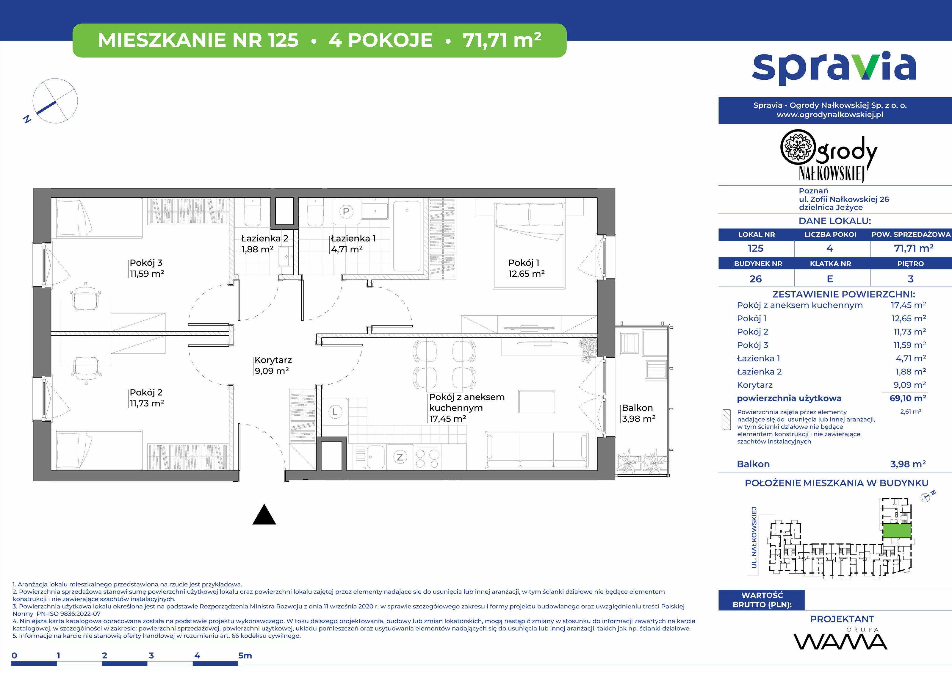 4 pokoje, mieszkanie 71,71 m², piętro 3, oferta nr 26-125, Ogrody Nałkowskiej, Poznań, Ogrody, ul. Nałkowskiej 24, 26